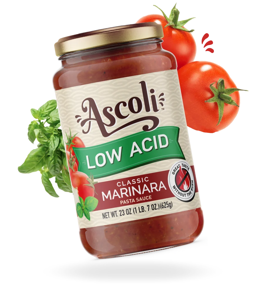 Ascoli low acid classic marinara pasta sauce bottle surrounded by fresh ingredients